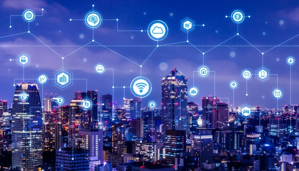 Image of internet themed icons connected over a city skyline backdrop