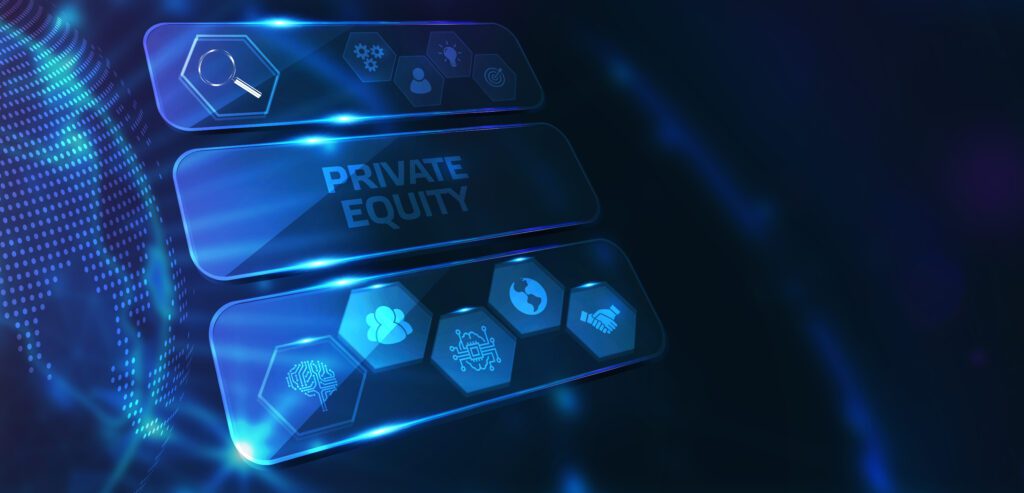 Bright blue tech graphic that says PRIVATE EQUITY