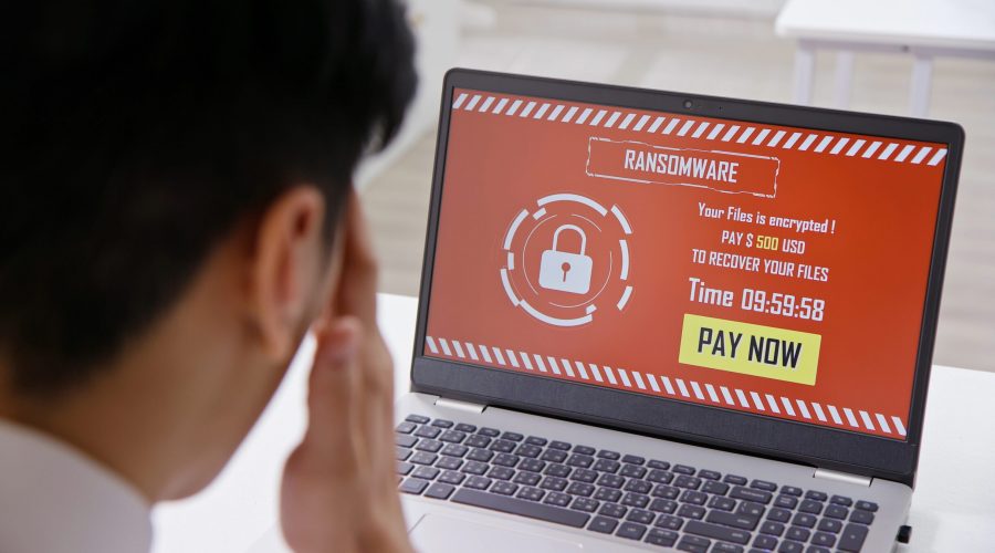 back view of asian worried young businessman looking at laptop computer with ransomware attack words on the screen in office