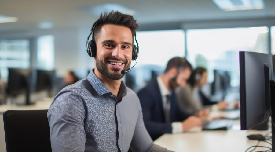 Portrait of a male IT support specialist at a helpdesk patiently guiding users through technology challenges