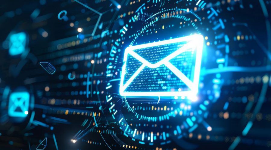 The process of email segmentation is depicted on a futuristic interface, enhancing personalized customer communications, hitech cyber look sharpen close up with copy space