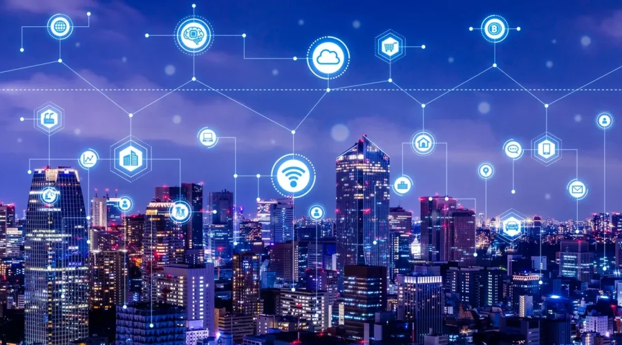 Image of internet themed icons connected over a city skyline backdrop